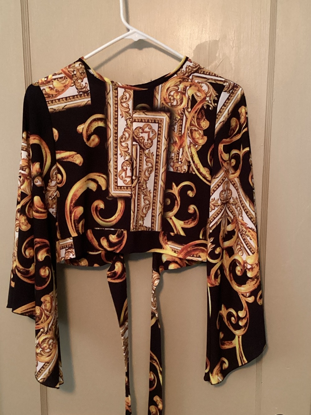 Black and Gold Baroque Print Tie-Back Women's Top